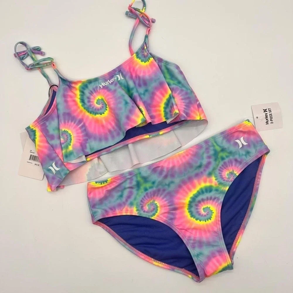 NWT Hurley Flounce 2 Piece Set Bikini XL Girls Multi Tie Dye w/ Spirals